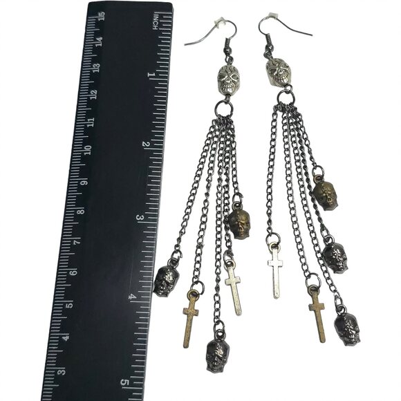 Skeleton Skull Cross Silver Tone Dangle Tassel Earrings Day of Dead Gothic - Picture 4 of 7